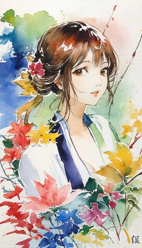 Art, draft (8K, highest quality, masterpiece), watercolor painting (medium), one girl, {practical, original photo, ultra-fine transparent, image, (Influence of Yoshitaka Amano&#39; Style: 1.6)}, practical, light, delicate skin, (beautiful slim woman, LD), ...