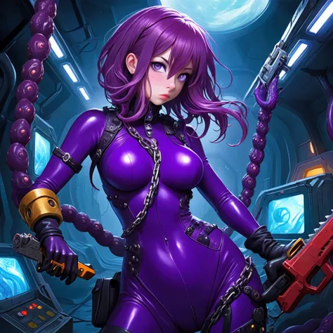 A cute woman (violet hair, violet eyes, sexy violet body suit extremely revealing, some electronic components on the suit with lit displays, laser pistol, chain sword (chain saw bladed sword makes a real bloody mess of foes)), role of space pirate captain,...