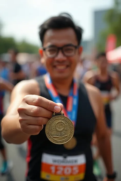 30 yo Fat indonesian man with glasses finish half marathon, show his finisher medal