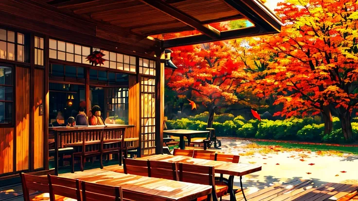 a cozy cafe in autumn, wooden bench and table, warm lighting, steam rising from coffee cups, vibrant autumn leaves, beautiful anime-style background art, highly detailed and photorealistic scene, lively and inviting atmosphere, beautiful autumnal color pal...