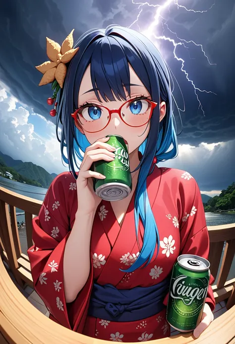 (best masterpiece, high resolution: 1.5), (8K, RAW photo, fisheye effect, perfect anatomy, golden ratio: 1.3), pointillism, professional photography, gaze, lone Japanese idol, (real: 0.5 ), (drinking ginger ale: 1.5), (ginger pattern, red yukata: 1.5), (su...