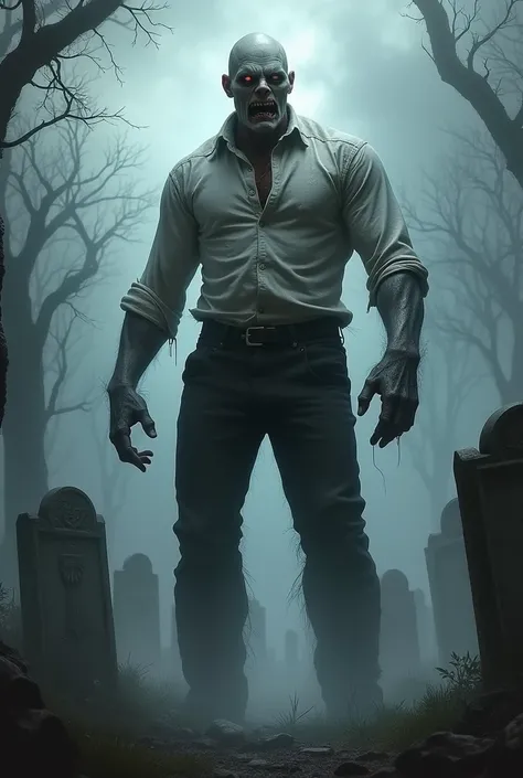  cemetery background,  Zombie man , muscular,  2 meters high , with black pants,  white shirt.