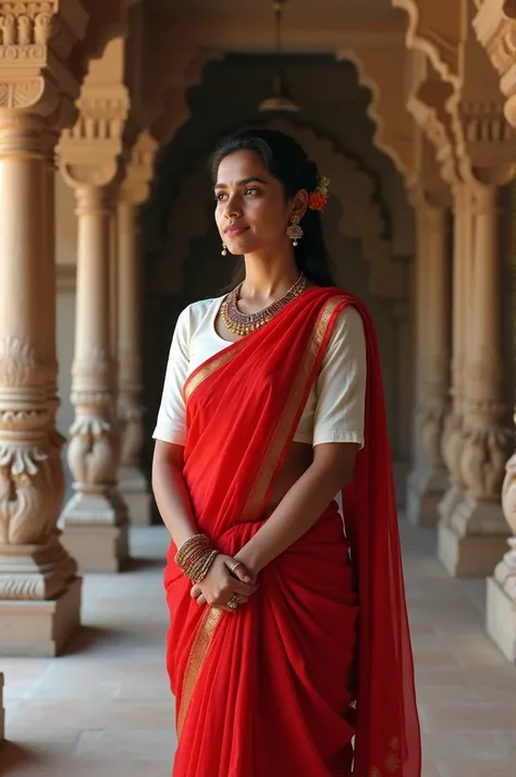 18 years Indian girl red shari and white blouse at temple.