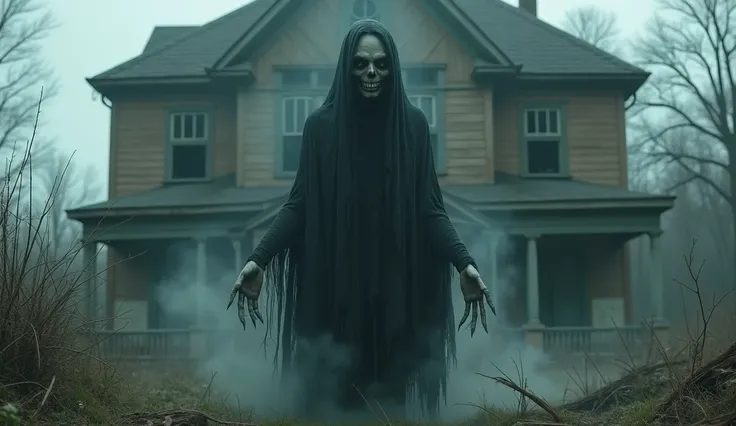 Deformed ghostly woman standing in front of abandoned house
