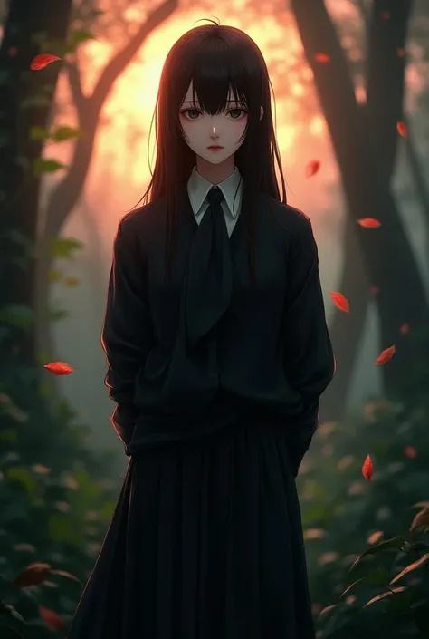 Japanese girl, hands behind her back, long hair, ((a loose dark sweater draping over one shoulder, a skirt, and a loosely tied black necktie:1.5, ultra detailed:1.4, majestic, imposing, elegant, fearsome, among the leaves in the middle of the rain Jungle.:...