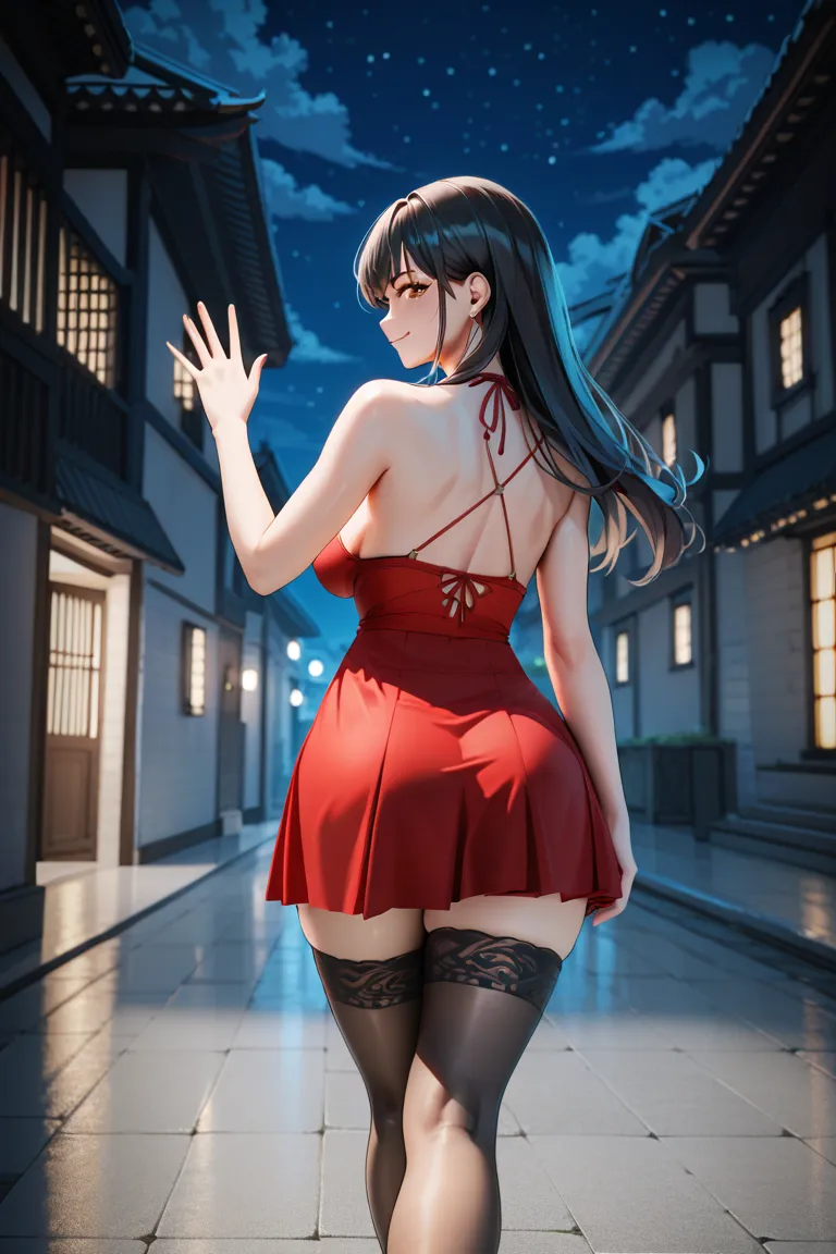  score_9,  score_8_up,  score_7_up,  score_6_up,  score_5_up,  score_4_up, Yuhee, Ultra high res ,tall , Brown Eyes ,  Black Hair , Long Hair,  big breasts at the temple,   give a red short dress,  Bare Shoulder , black stockings in a dark prison ,(Accurat...