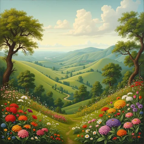 Early Renaissance-style natural image, of a single, beautiful and lush nature, with lush and beautiful hills and beautiful flowers