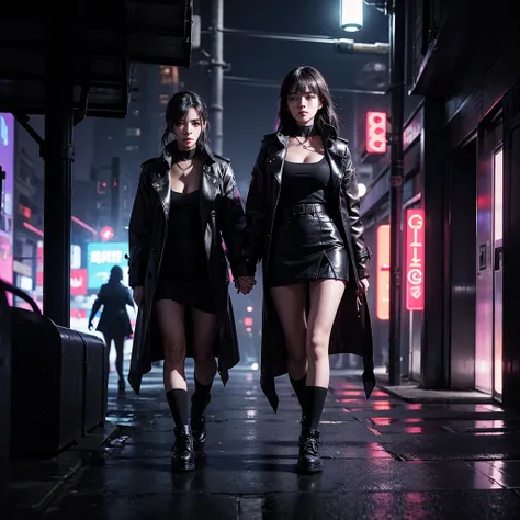  Girl in a trench coat , mini skirt, breasts, Walking in the shadows of people, cyberpunk, neon lights, future, Midnight, Ambiente noir, danger 