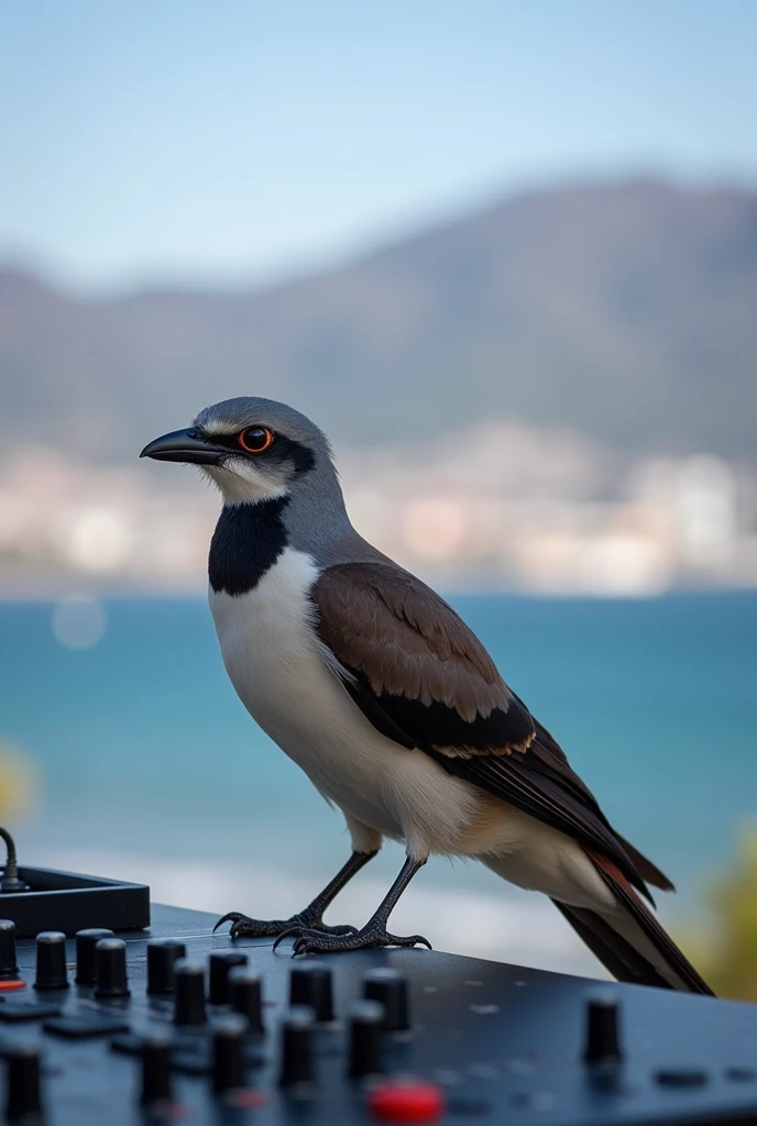  sound mixer table with faders, and outdoor xlr cables ,  perched a bird with a gray head and crown with a black band of white throat and reddish cinnamon on the back of the neck, red line on the neck,  Light brown or whitish belly and chest , Black-staine...