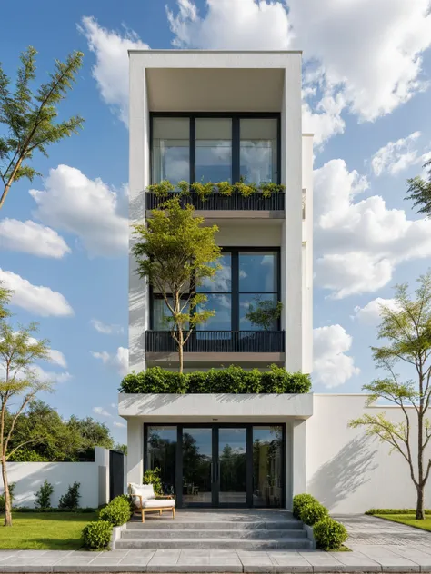 Masterpiece, high quality, best quality, authentic, super detail, outdoors, onestoreyvillaXL, aiaigroup, house style modern on the street ,stairs, white wall ,road,pavement, grass, trees, sky, cloud, (daylight:1.1)
