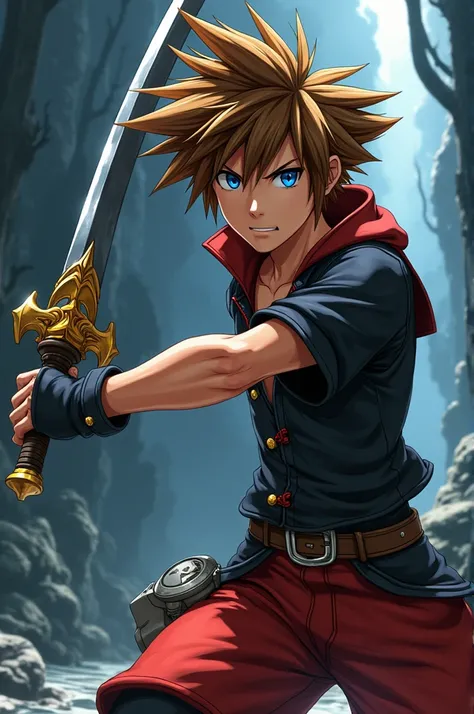 Sora com o design de Kingdom Hearts 2,  half-realistic style and manga , in battle pose.  Your main weapon is called Keyblade ,  and in his pose he must be holding his main weapon .  The art must be as faithful as possible to the original character. For co...