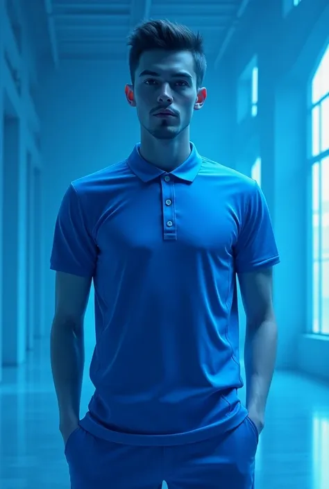 Blue and blue short sleeve polo shirt with the phrase Milo la Nikola Tesla runner type formula one
