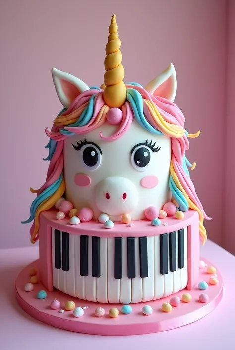 I want a cake design. must be  in the same cake unicorn and organ. It should be one cake. One tier. Uniorn face photograph and organ keyboard photograph 