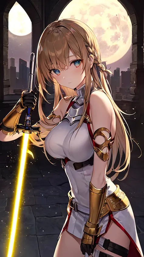 ,( masterpiece ),(best quality), ( high-profile room),(32K),(( shoulders sweetly and beautifully)),((( alone ))),(( whole body )),((Model Asuna )),((1 woman,  big breasts)),((Cyber armor, , the golden armour opens the , The arms split off ,  bare shoulders...