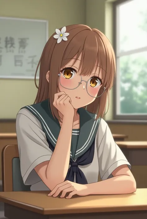  A Japanese girl sitting at her school desk , wearing her high school uniform ,  light brown hair, for a little long,  clear and opaque orange eyes ,  with white glasses and a small flower on her head 