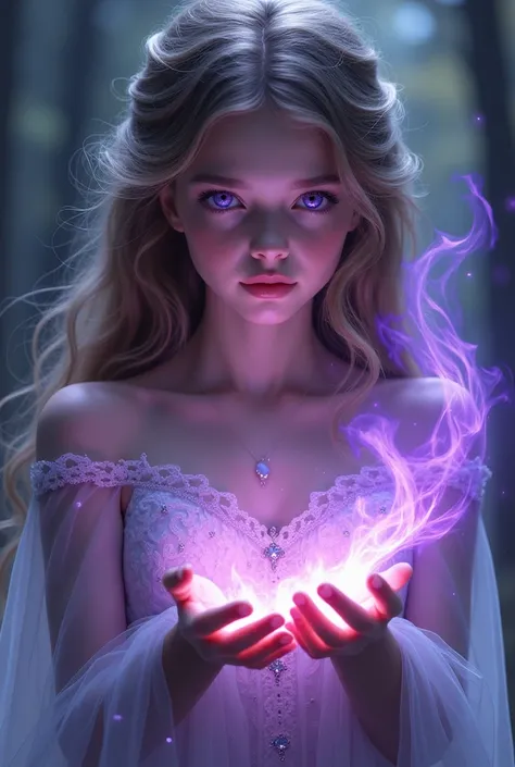  Beautiful girl with long wavy hair, dress , holding purple fire in her hands and purple eyes 