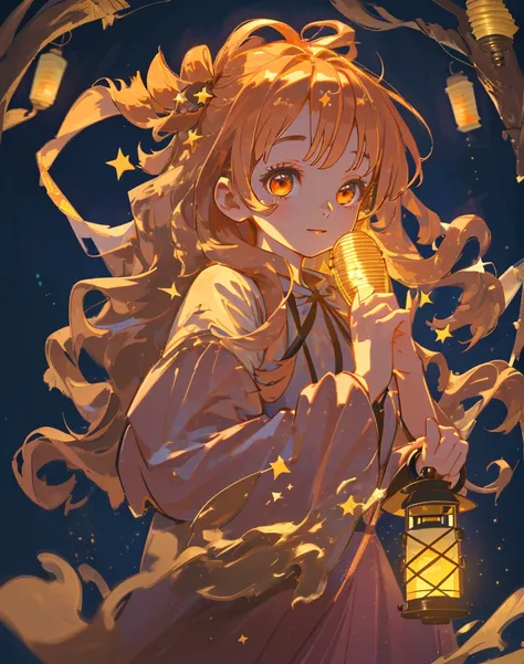  Hi-Res,star, girl, long wavy hair,Bright face, upper body,Holding a lantern,