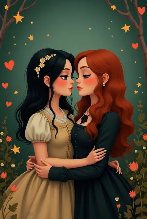 White fat women with black eyes and black hair with a cottage core dress and farm stuff rosey cheeks chubby face kissing a black woman with brown eyes with dark orange hair with a gothic girl fit on the background is stars with plants and hearts