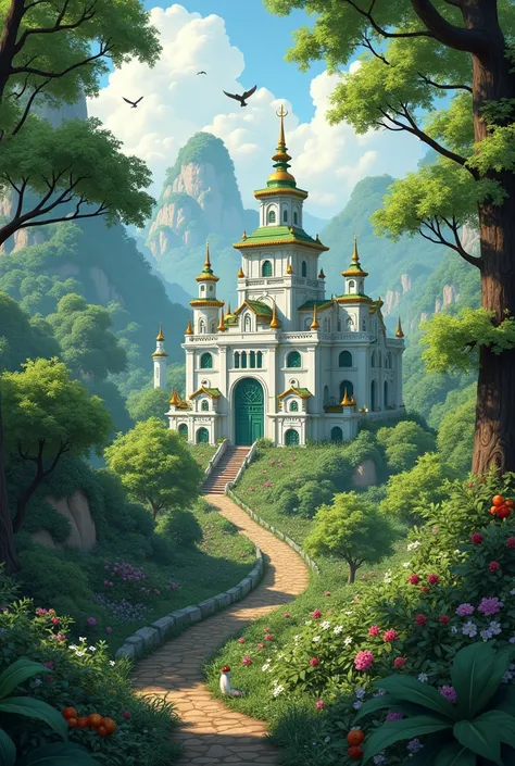 Create a forest, full of plants ,  flowers and animals .  In the center of this ,  an artisanal city ,  full of lush shrubs full of flowers and fruits .  A huge palace that stands out from everything else ,  that is white with green and that attracts a lot...