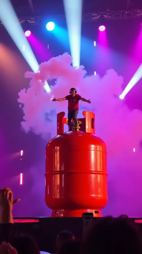 Cinematic 8K shot of a colossal orange butane gas cylinder (Spanish-style gas bottle) towering like a monumental structure, with a tiny DJ performing at its summit. The DJ appears miniature in comparison, standing triumphantly on top of the giant gas cylin...