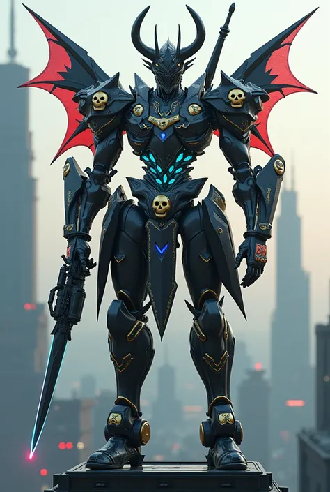 A samurai robot with a A small flowing laser gun and a Holding a long spearand red and black knife-shaped wings It has horns with sharp thorns, glowing multi-colored lights, gold patterns, and skull and cross ornaments.Industrial  Decorated with diamonds a...