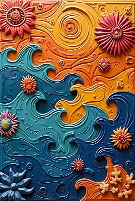 Colored ceramic 3d work with embossed waves, mandalas and squares  