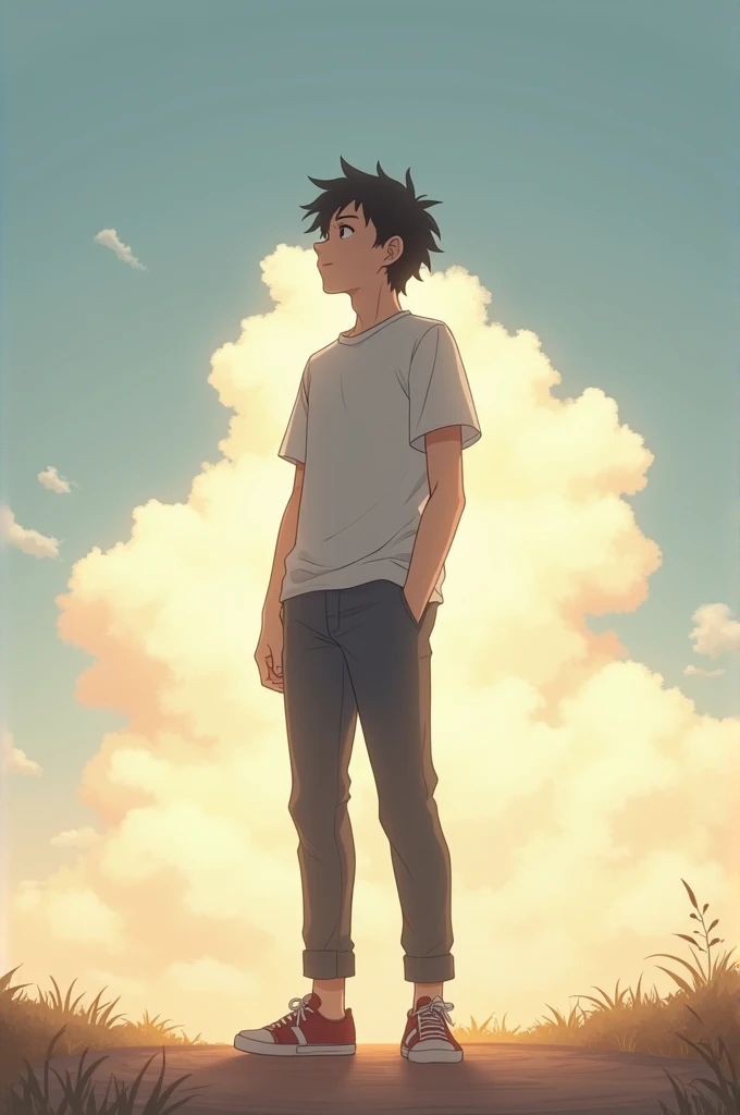 Anime-style image of a young man, around 20 years old, standing alone at a crossroads or in an open, serene landscape, gazing into the distance with a look of hope mixed with uncertainty. Soft, warm sunlight bathes the scene, casting a gentle glow on him, ...