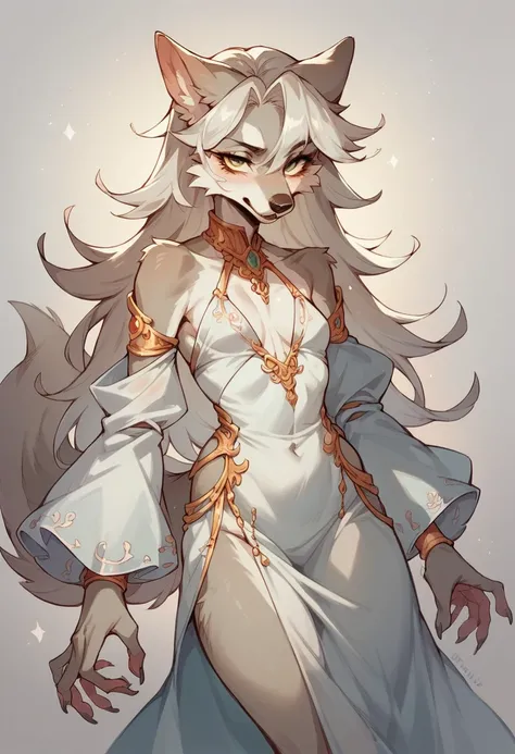  Make a female furry white wolf  , very pretty and innocent ,   she is wearing fine clothes and the beak of her breast is marking on her clothes , She is wearing a thin white dress in which you can see her small breasts 