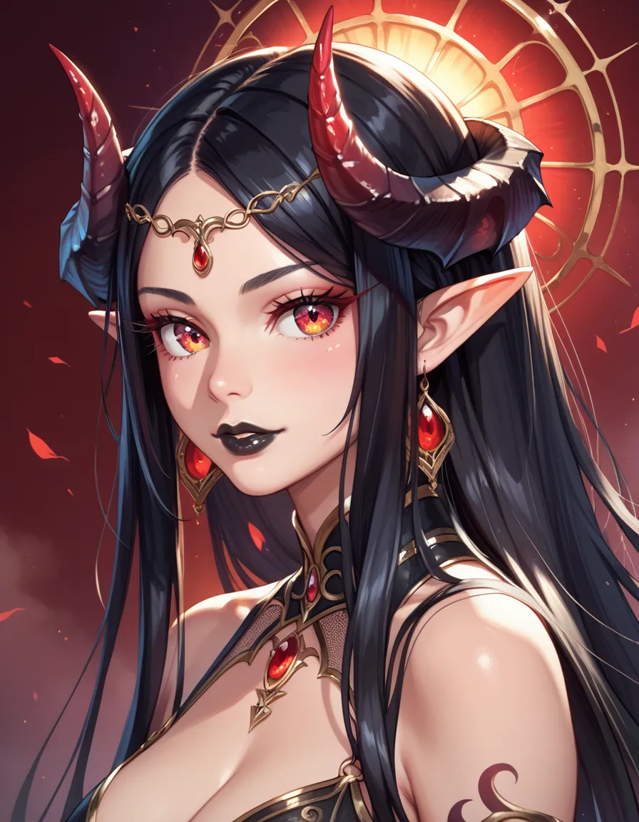 score_9, score_8_up, score_7_up, a beautifully detailed woman, succubus female, long black hair, elf ears, large eyes, red iris,...