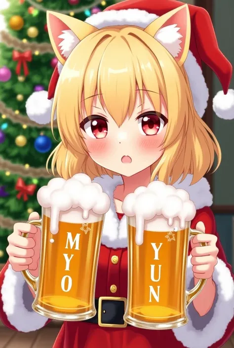  blond girl with cat ears 。Santa Cosplay。 holding beer in both hands。 large MYO letters on the 、With the letters Yun。Christmas tree in the background。 decoration on the beer glass 。Colourful 。Yuru Anime。