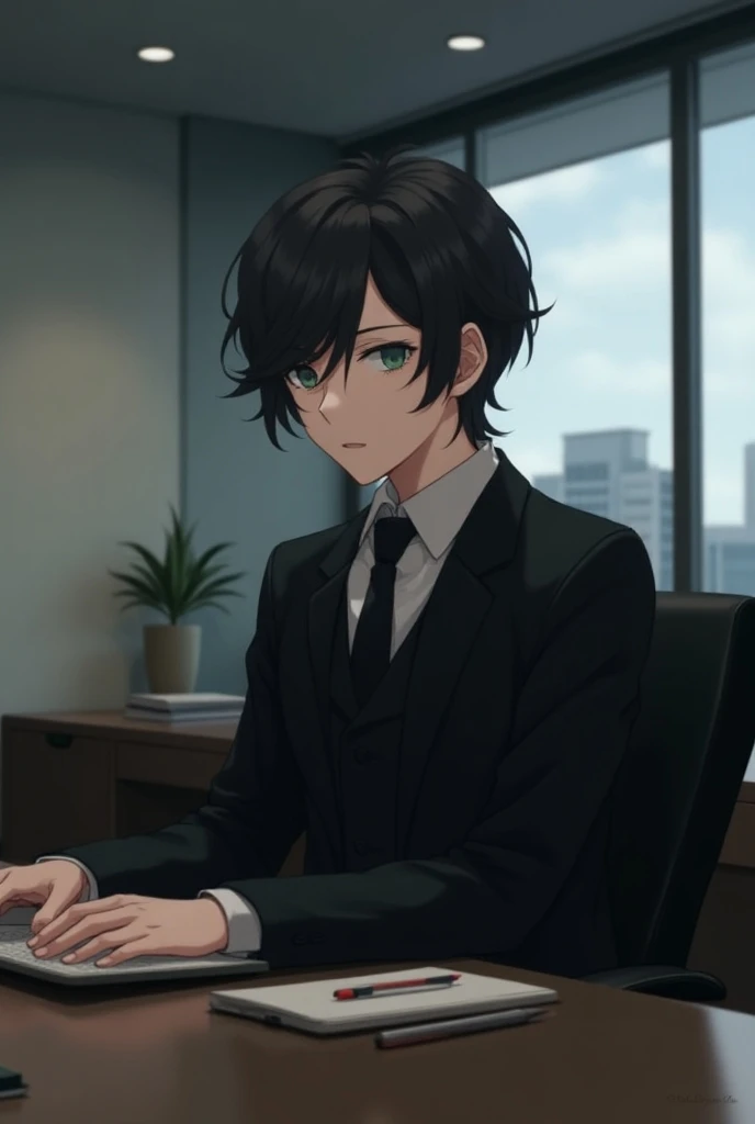 Black haired anime man in black suit with short wavy hair, Black eyes with a bit of green, full body of teenager, sitting on a desk in a business office,