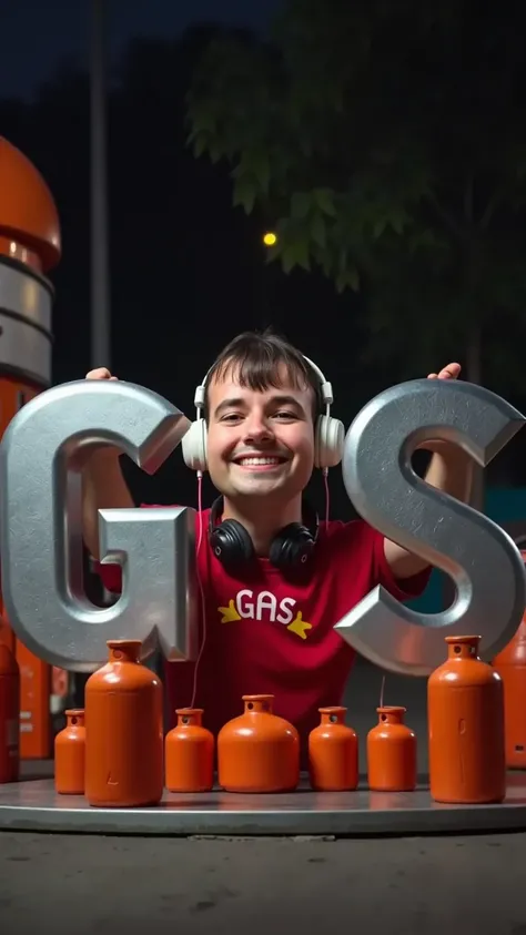 Hyperrealistic 8K cinematic shot of massive 3D metallic letters spelling GAS resting on the ground at an upward angle. From between these letters emerges a DJ with an exaggerated cartoon-style large head, wearing professional headphones and displaying a ch...