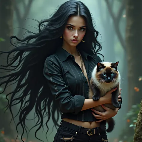 A girl with incredibly long hair in a black shirt with vertical stripes and black rock style pants , cool holding a Siamese cat background magic