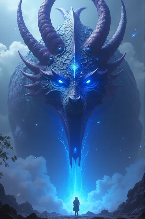 Colossal dragon-like creature , Purple color,  eyes with blue light and symbols illuminated in blue by the body.