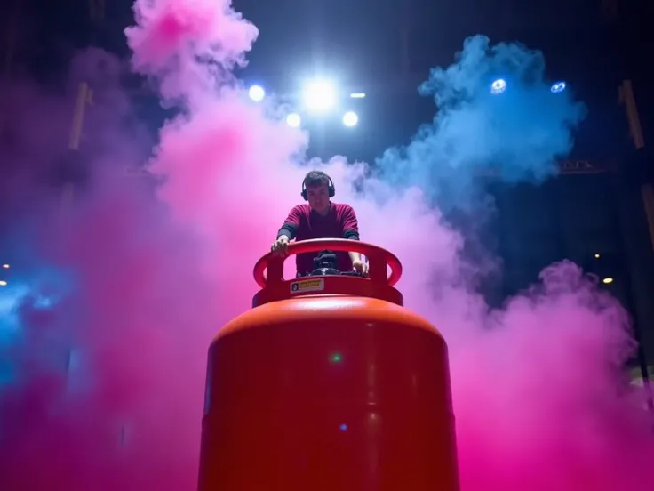 Cinematic 8K shot of a colossal orange butane gas cylinder (Spanish-style gas bottle) towering like a monumental structure, with a tiny DJ performing at its summit. The DJ appears miniature in comparison, standing triumphantly on top of the giant gas cylin...