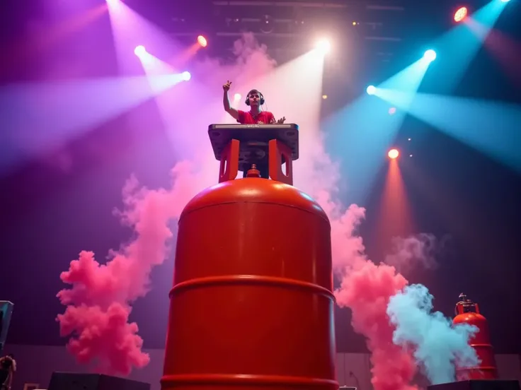 Cinematic 8K shot of a colossal orange butane gas cylinder (Spanish-style gas bottle) towering like a monumental structure, with a tiny DJ performing at its summit. The DJ appears miniature in comparison, standing triumphantly on top of the giant gas cylin...