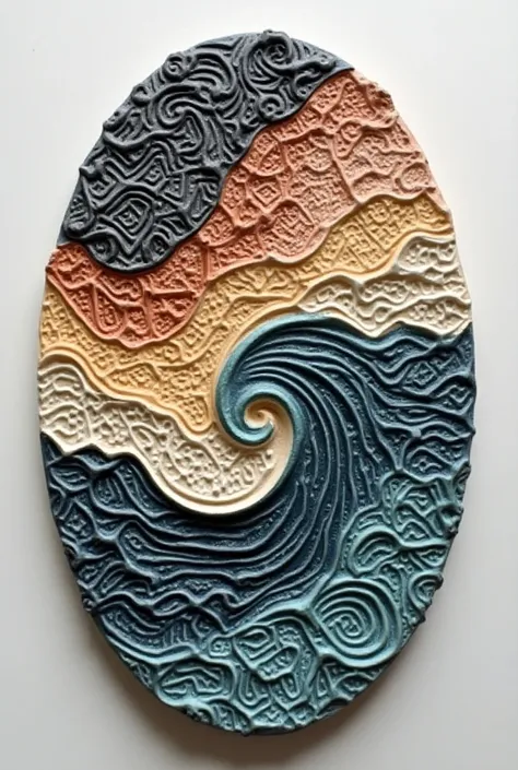 Colored ceramic 3d work with embossed waves, mandalas and black and white squares. Oval-shaped