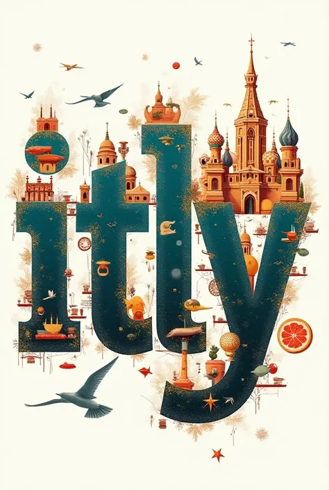 Itly word typography with inside graphics the famous place, food, architecture, vibe, colours, festivals