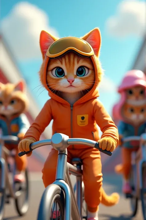 Generate a high quality 3D image:An orange cat stand stand at starting of the race with its silver bike and orange riding costume and more riders are also stand on their own bike 