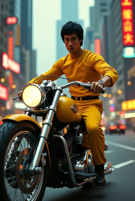 Bruce Lee riding a motorcycle 