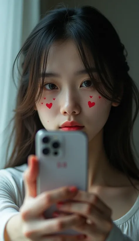  style ，，Heart shaped marks on the face，Im taking a selfie with my mouth closed and my arm stretched out on my smartphone