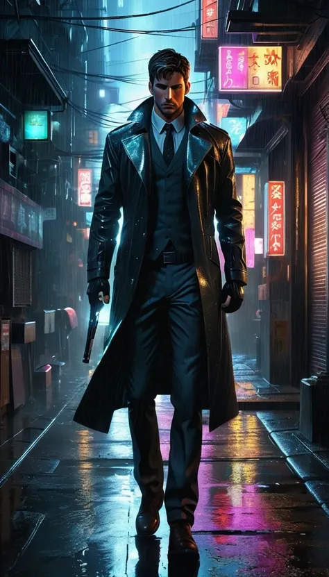 A brooding cybernetically enhanced detective, half Man half machine, stands in a rain-soaked alleyway. This image is a hyper-realistic digital painting, showcasing every rivet and circuit in intricate detail. His metallic arm gleams in the dim light, refle...