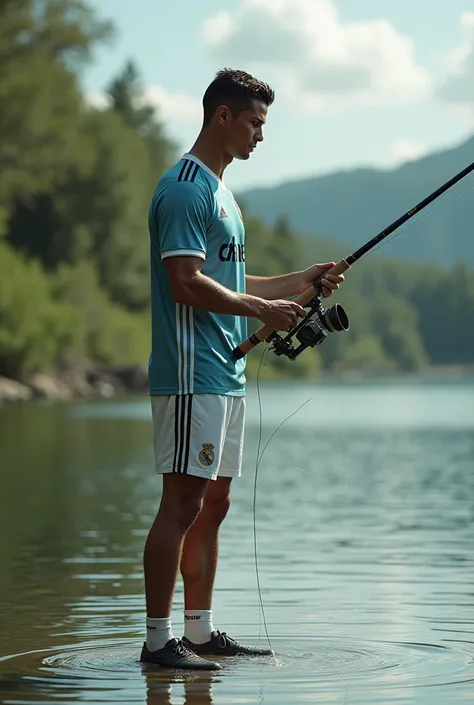 Critiano Ronaldo, football start, is fishing with his sport uniforms.