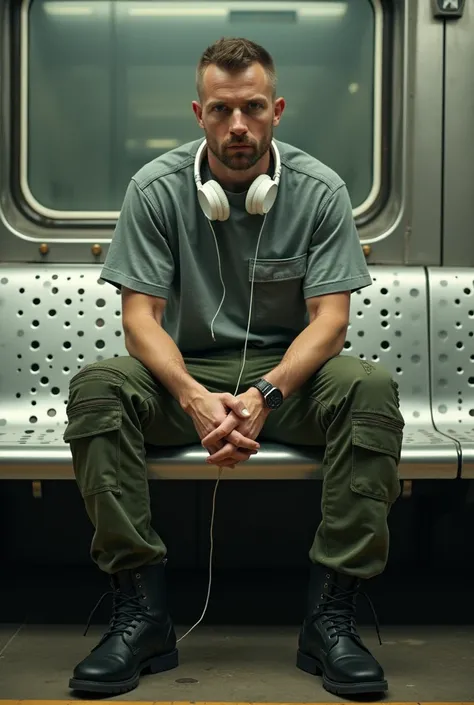 hiper real, 4K Ultra HD,  professional optics , Closeup, photo shoot,  realistic movie style , man sitting on a silver metal bench with circular holes, From the subway platform with black boots ,  green pants with large pockets and gray short sleeve shirt ...