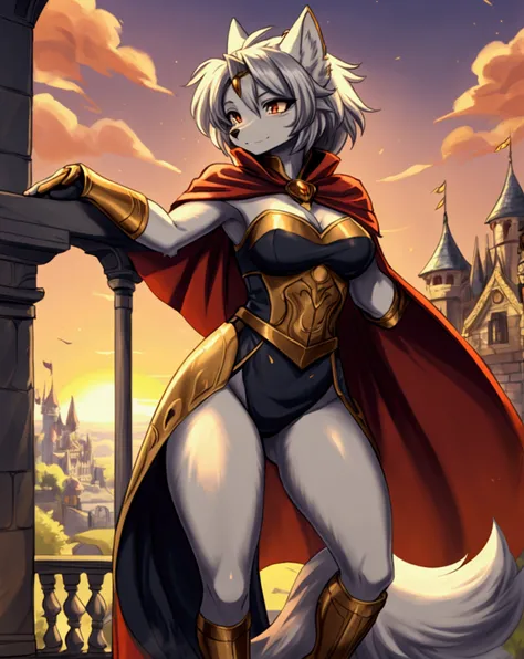 A full-body anime-style portrayal of a regal Wolf woman anthropomorphism captain standing on a castle balcony overlooking a sprawling, magical kingdom. She wears a cape flowing in the breeze and gazes out with a proud, serene expression. The scene is bathe...