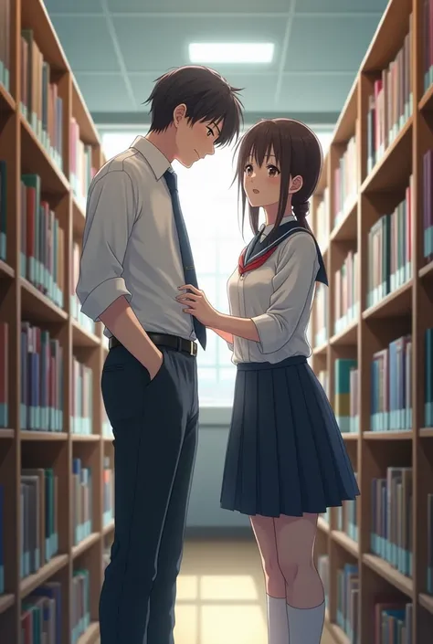 a beautiful japanese girl wearing a school uniform is in a library. The girl is seen with a male friend. The girl is seen fix zip of the mans pants standing in front of her. The girl is seen laughing because she feels funny with the man. Several people in ...