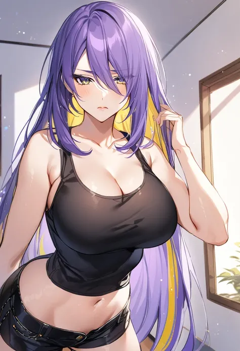 Wide hips,round breast,long purple hair,concern,look at viewer,moona hoshinova,indoor,yellow inner hair,black tanktops,mini black shorts,