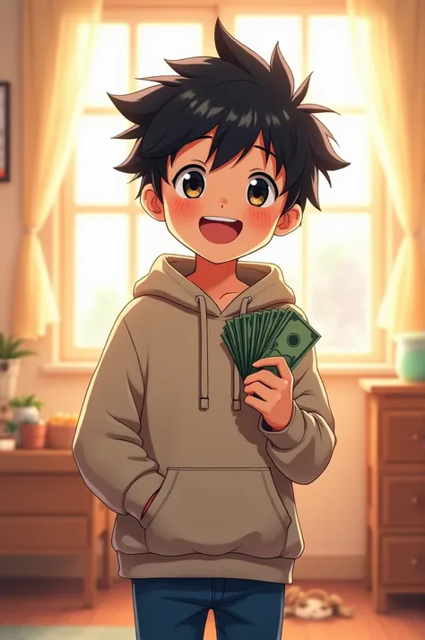 ((best quality)), ((masterpiece)), (detailed), perfect face An anime-style illustration of a young boy with short, spiky black hair and bright eyes, wearing a casual hoodie and jeans. He stands in a cozy, well-lit room, holding a handful of money in his ri...