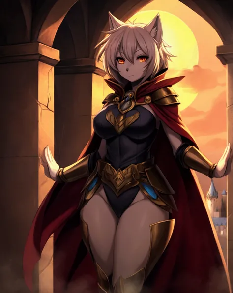 A full-body anime-style portrayal of a regal Wolf woman anthropomorphism captain standing on a castle balcony overlooking a sprawling, magical kingdom. She wears a cape flowing in the breeze and gazes out with a proud, serene expression. The scene is bathe...