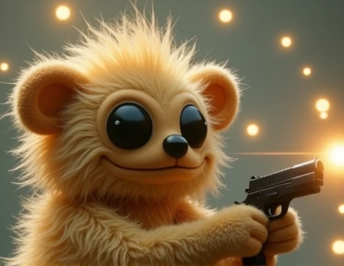 Fuzzy muppet with pitch black eyes, holding a gun, covered in heavenly radiant lights that glows around his body